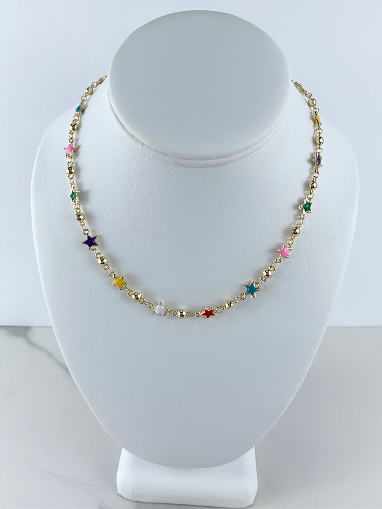 18k Gold Filled Bead Link Chain Colorful Stars Necklace