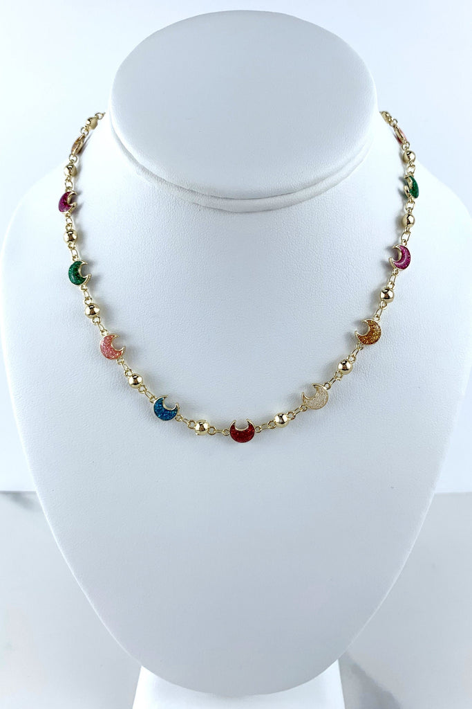 18k Gold Filled Bead Colorful Sparkle Moon Necklace