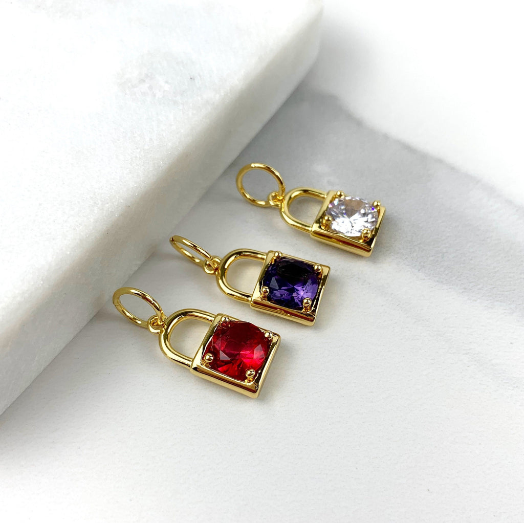18k Gold Filled Cubic Zirconia Red Clear or Purple Lock Charms