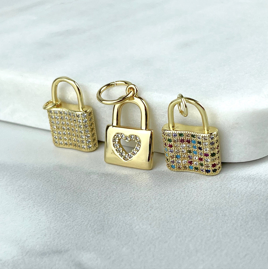 18k Gold Filled Lock Clear Multicolor or Heart Charms