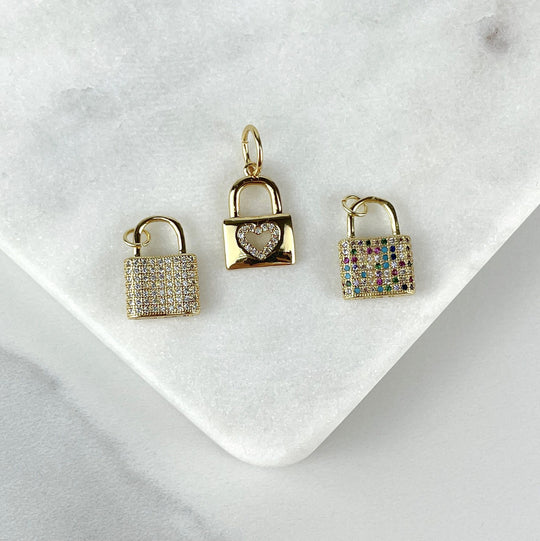 18k Gold Filled Lock Clear Multicolor or Heart Charms