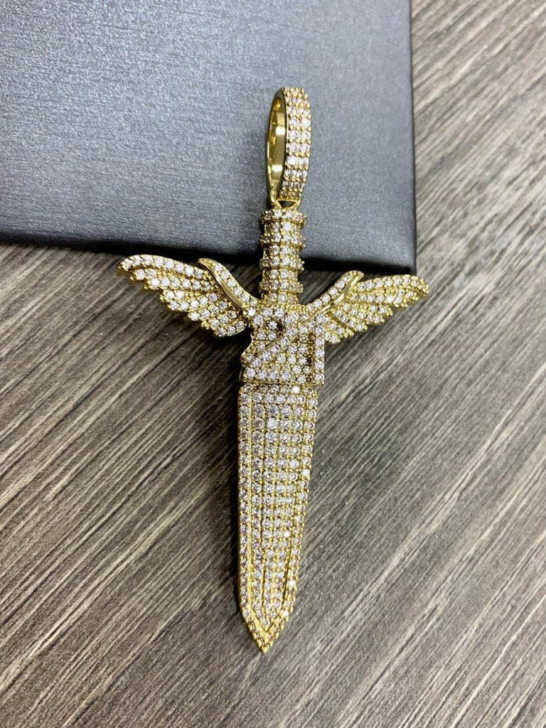 18k Gold Filled Micro Pave Iced Out Sword with Wings Pendant