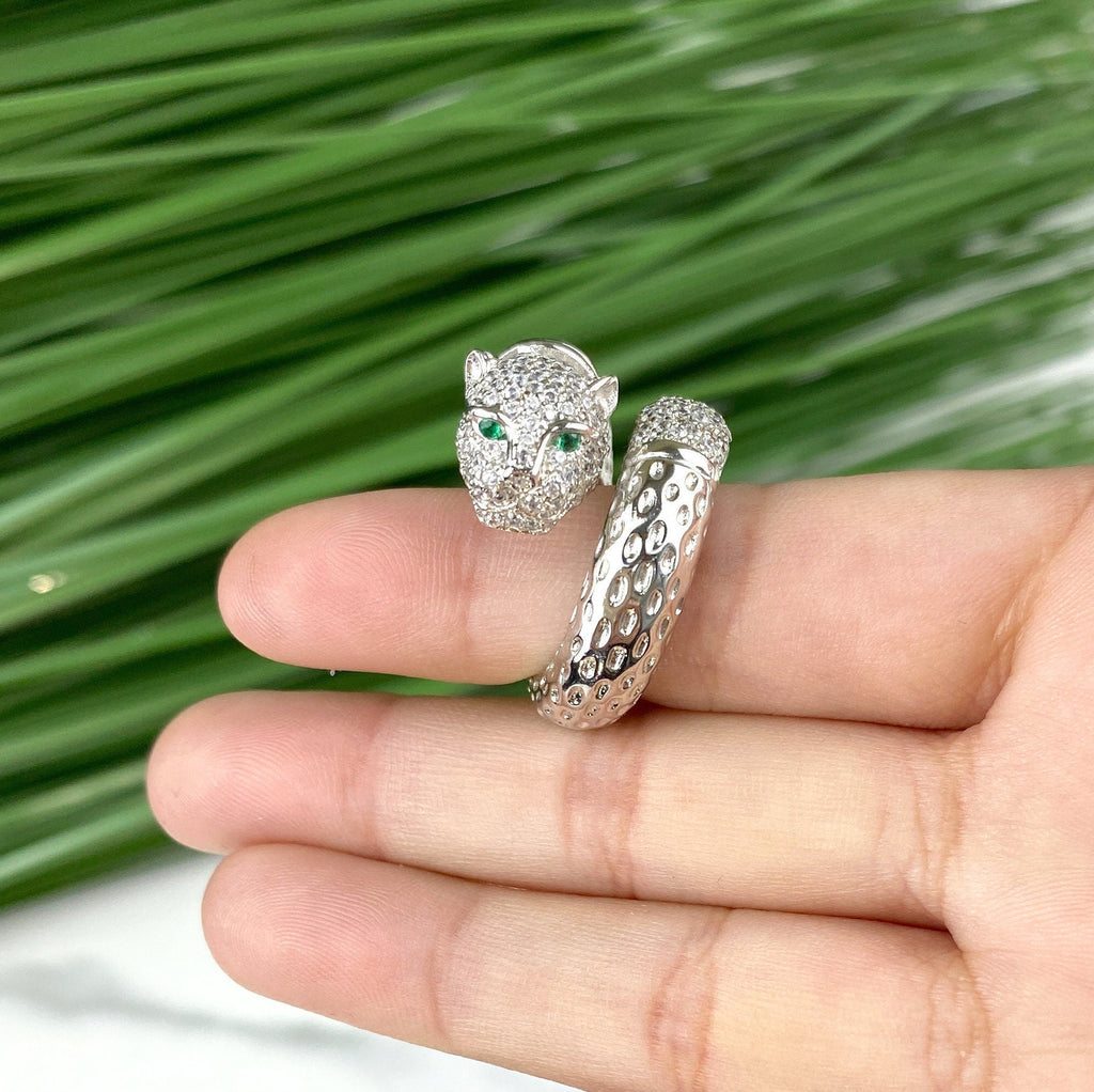 Silver Filled Panther Design Green Eyes Ring