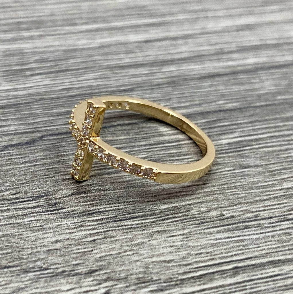 18k Gold Filled Cubic Zirconia on Top Band Cross Design Ring