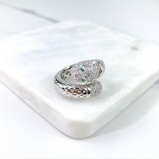 Silver Filled Panther Design Green Eyes Ring