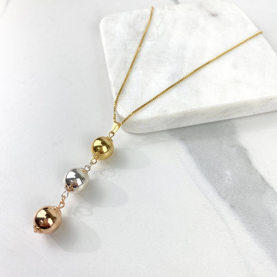 18k Gold Filled Box Chain Three Tone Beads Pendant