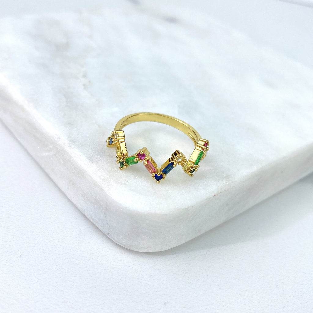 18k Gold Filled Rainbow Cubic Zirconia Zig Zag Wave Ring