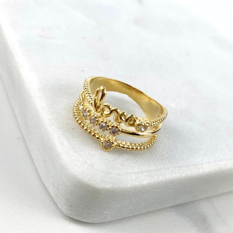 18k Gold Filled CZ and Love Word Simulated Stacking Ring