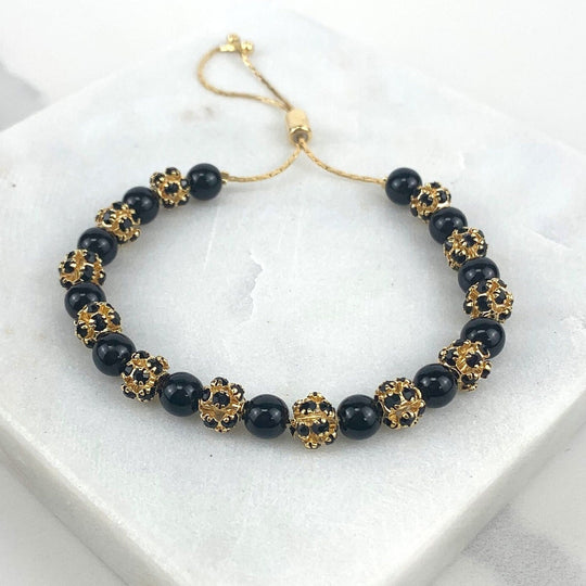 18k Gold Filled Black and Gold Beads Adjustable Bracelet