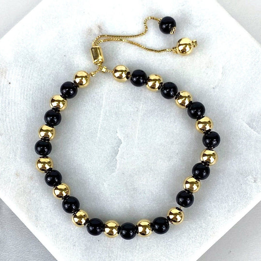 18k Gold Filled Black and Gold Beads Adjustable Bracelet
