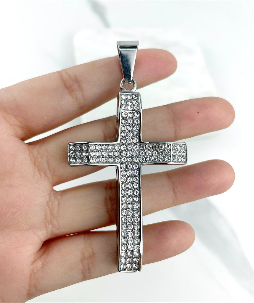 Stainless Steel Silver Iced CZ Cross Pendant