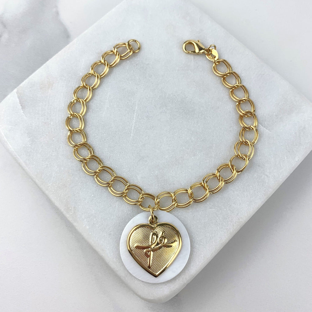18k Gold Filled Double Oval Link Heart Fe Charm Bracelet