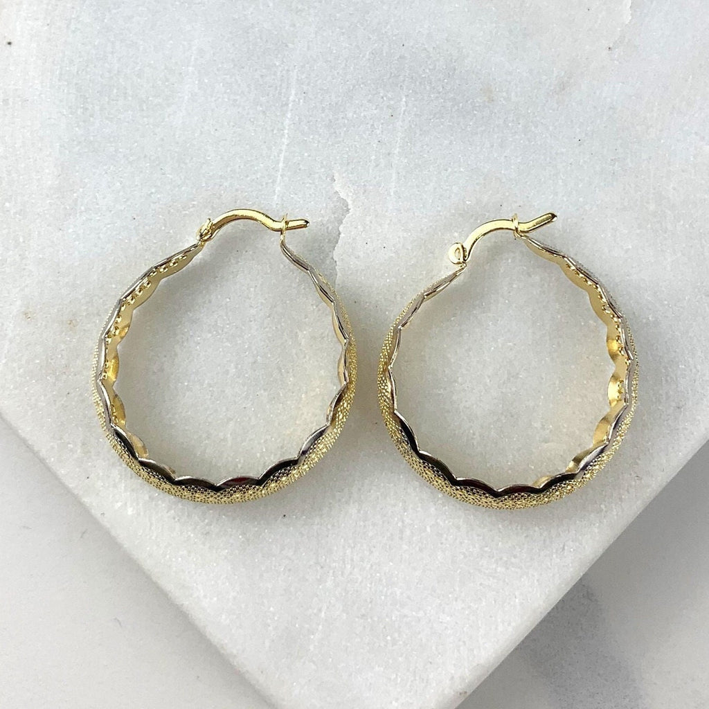 18k Gold Filled Two Tone Textured Hoop Earrings