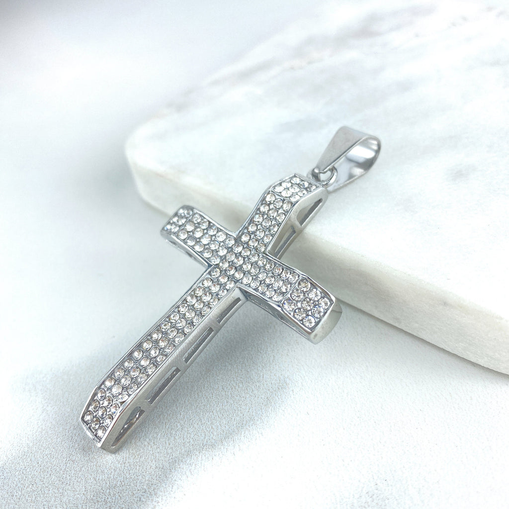 Stainless Steel Silver Iced CZ Cross Pendant