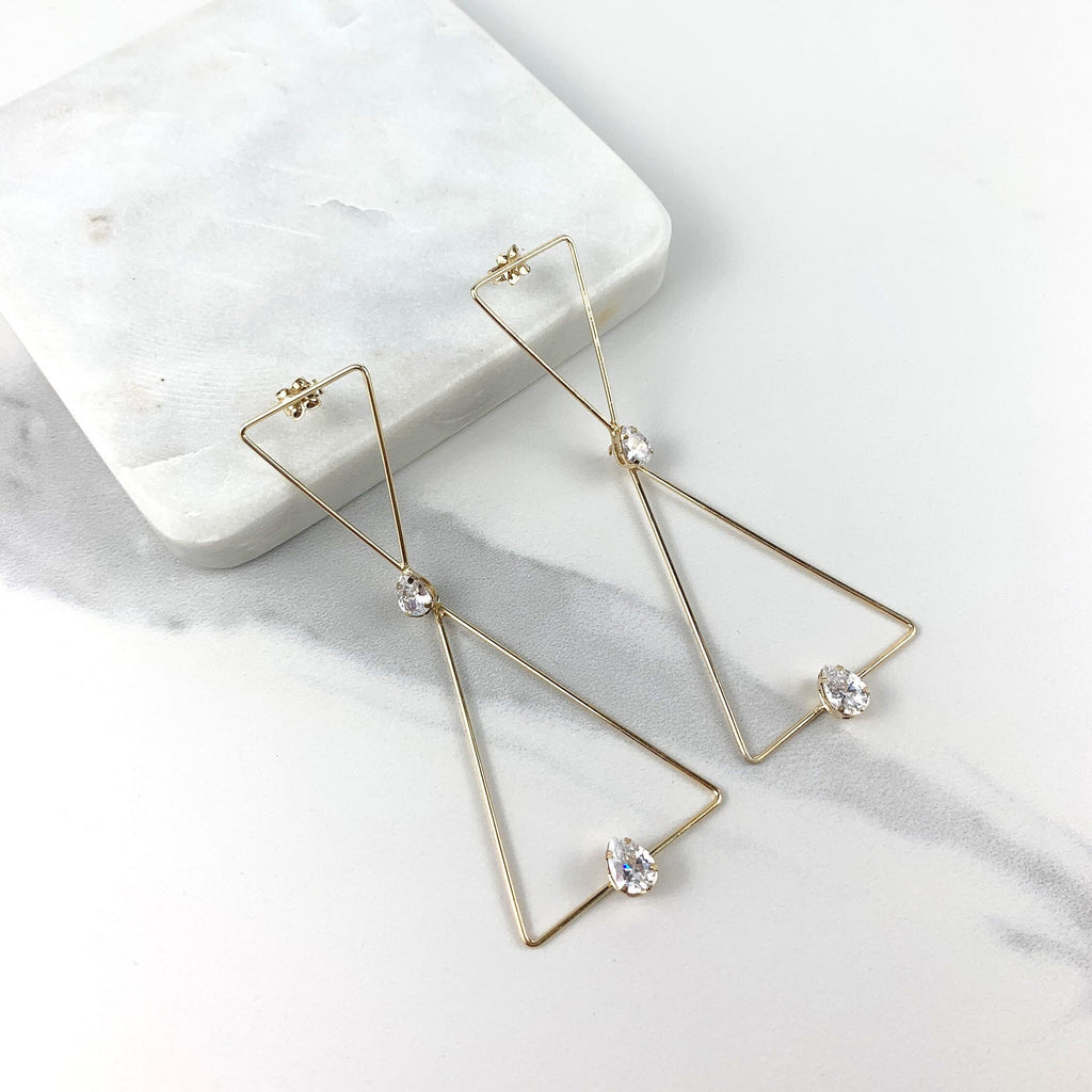 18k Gold Filled Cubic Zirconia Long Triangles Shape Drop Earrings