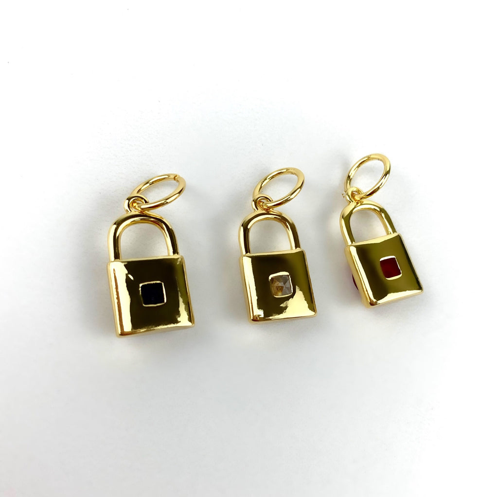 18k Gold Filled Cubic Zirconia Red Clear or Purple Lock Charms