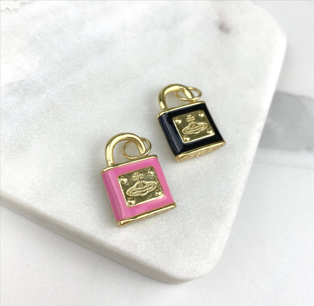 18k Gold Filled Enamel Pink or Black Lock Shape Charms