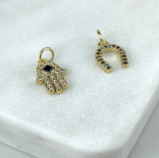 18k Gold Filled  Multicolor Hamsa Hand or Horseshoes Charms