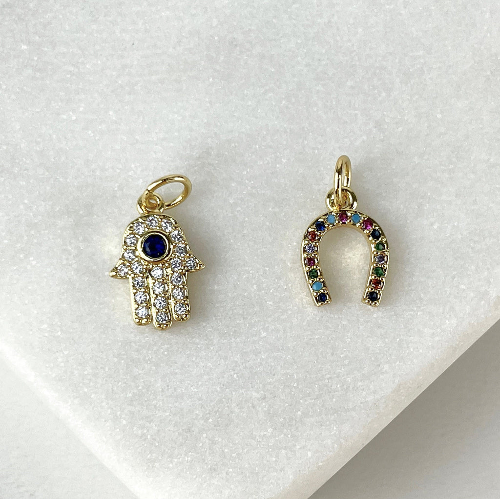 18k Gold Filled  Multicolor Hamsa Hand or Horseshoes Charms