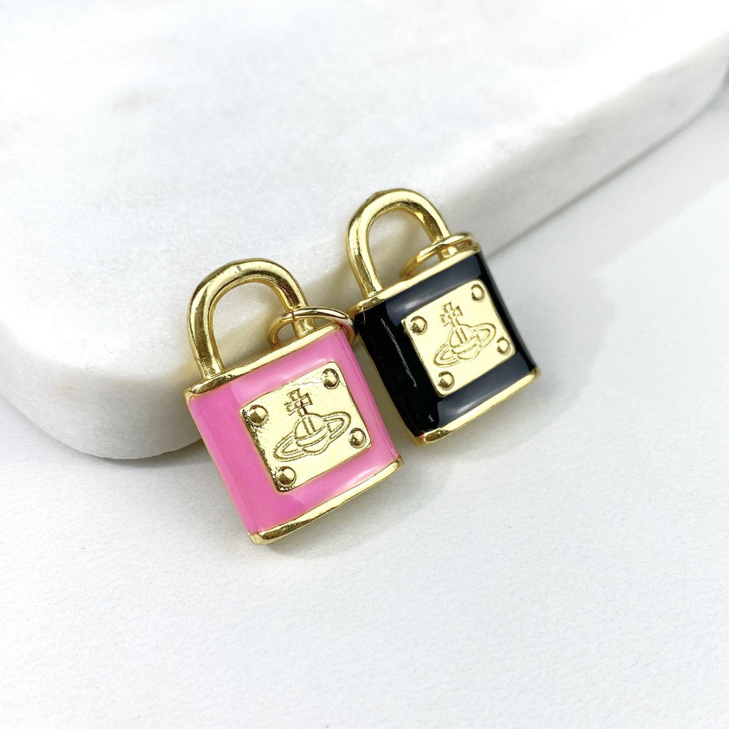 18k Gold Filled Enamel Pink or Black Lock Shape Charms