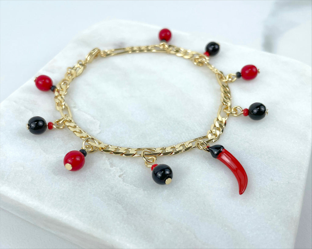 18k Gold Filled Figaro Black & Red Beads Red Chili Charm Bracelet