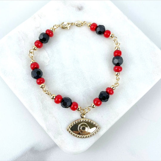 18k Gold Filled Black & Red Evil Eye Charm Beaded Bracelet