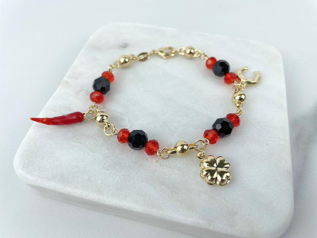 18k Gold Filled Black & Red Simulated Azabache Charms Beaded Bracelet