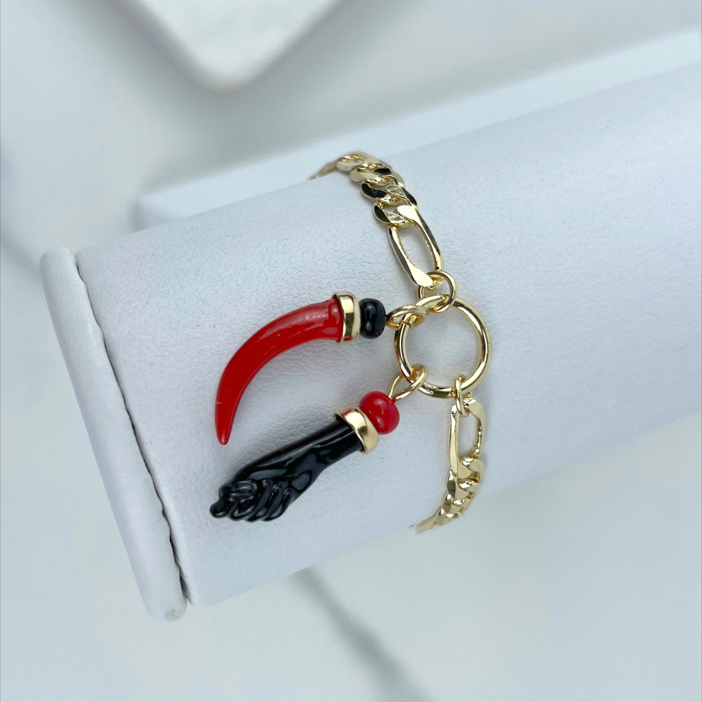 18k Gold Filled Figaro Link Figa Hand & Chilli Charms Bracelet