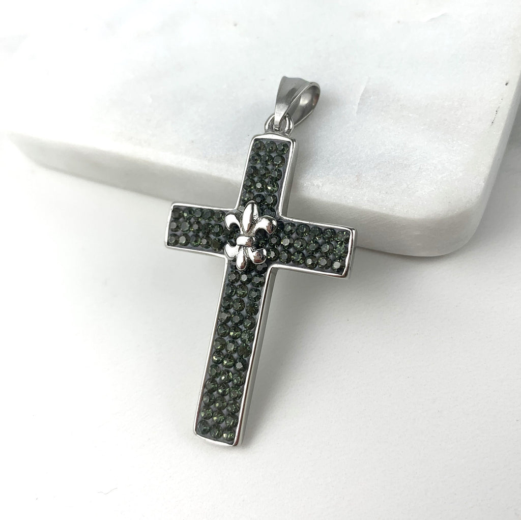 Silver Filled Green Cubic Zirconia Cross Lys Pin Pendant