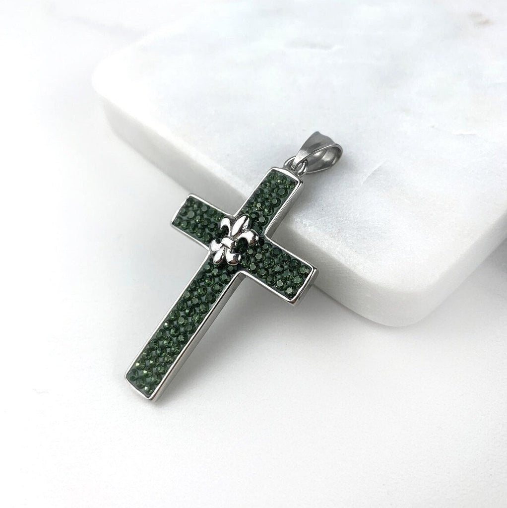 Silver Filled Green Cubic Zirconia Cross Lys Pin Pendant