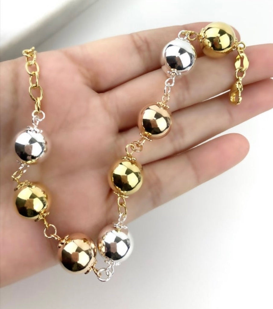 18k Gold Filled Silver &  Rose Gold Three Tone Balls Bracelet
