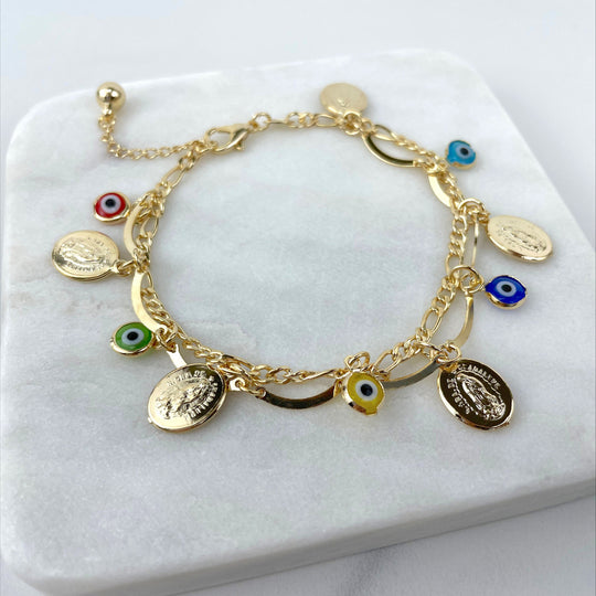18k Gold Filled Mariner Link Virgins Colored Evil Eyes Charms Bracelet