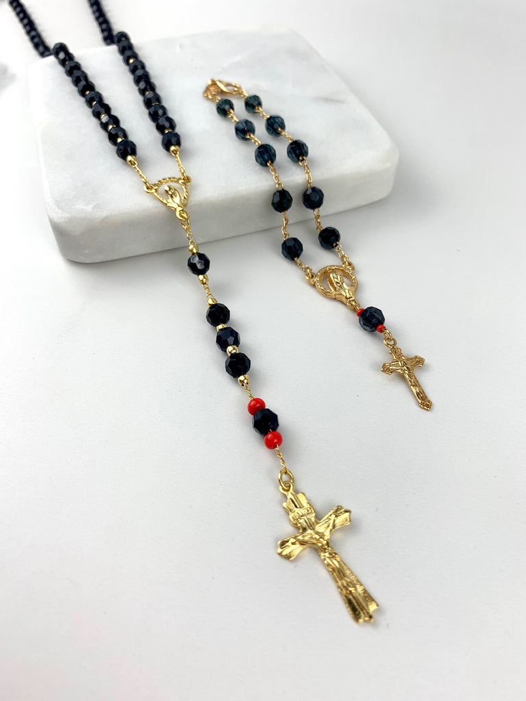 18k Gold Filled Black Red Beaded Virgin Mary Rosary