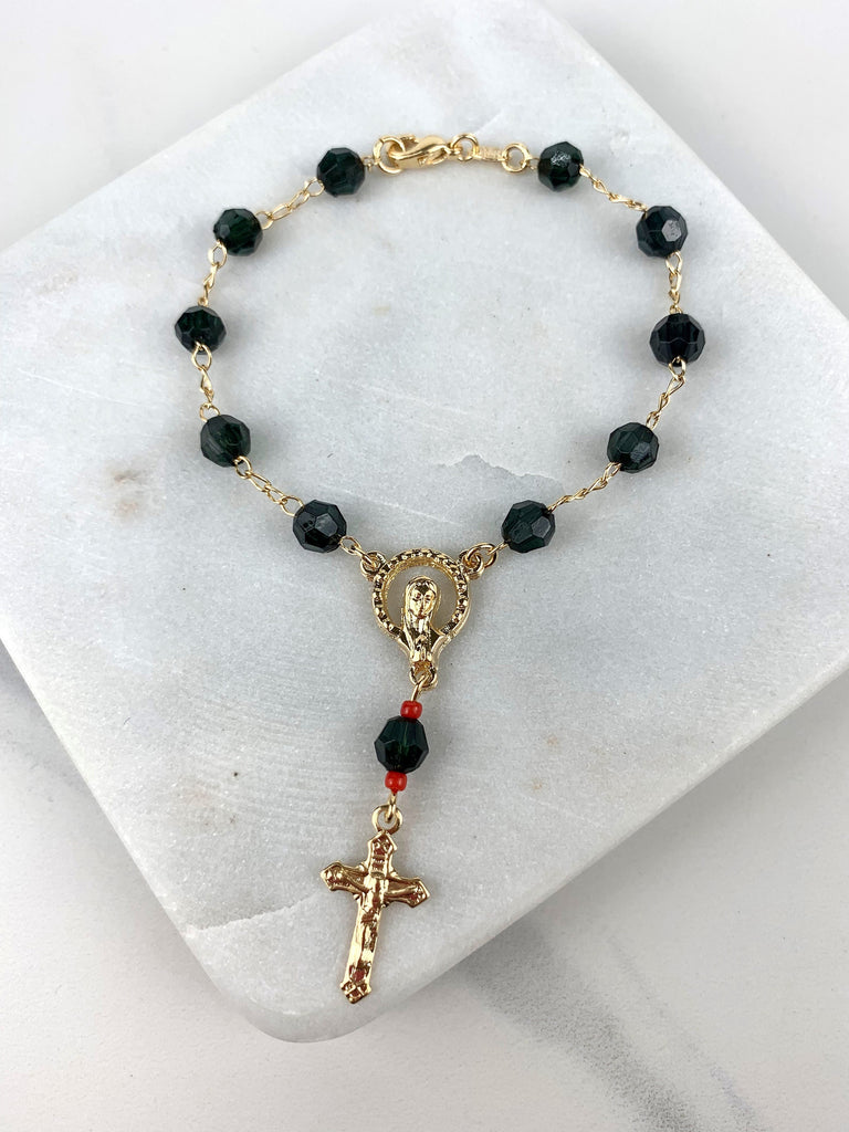 18k Gold Filled Black Red Beaded Virgin Mary Rosary