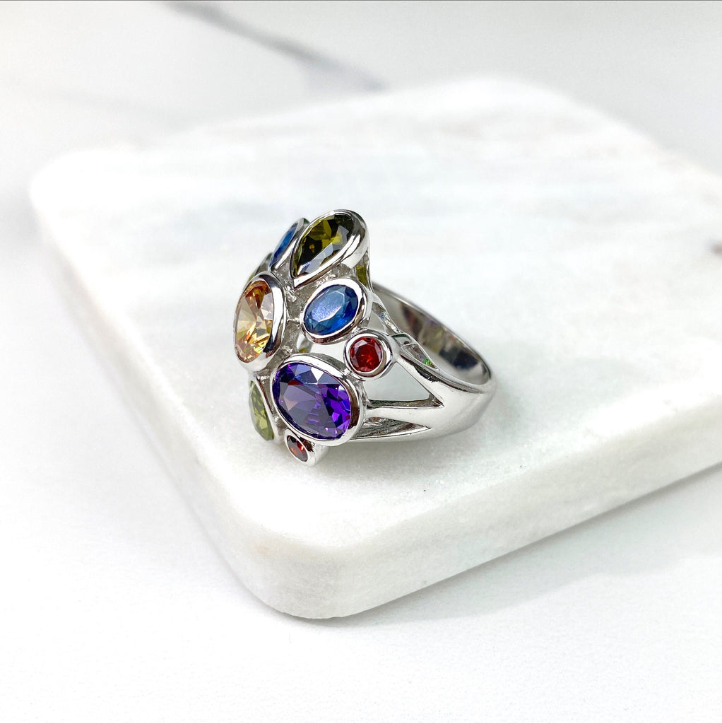 Silver Filled Colored CZ Flower Design Statement Ring