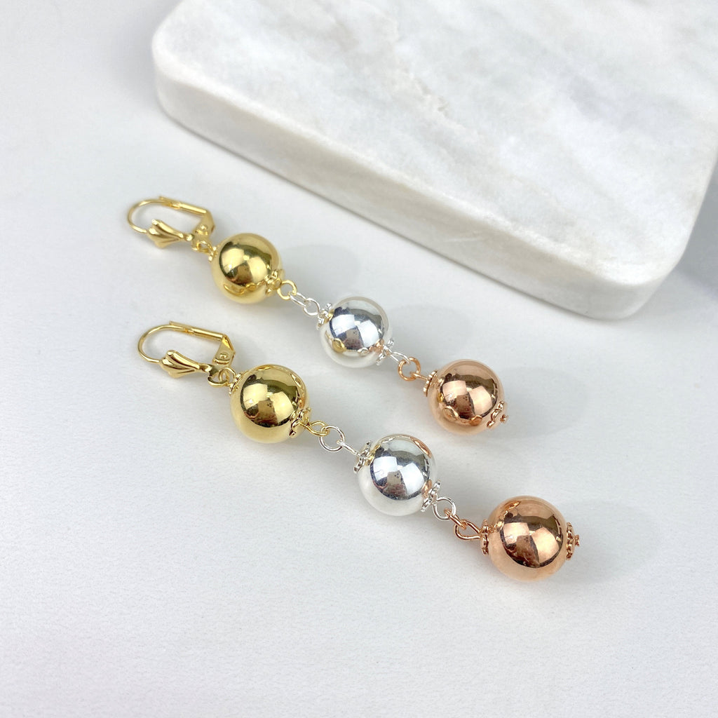 18k Gold Filled Three Tone Balls Dangle Earrings