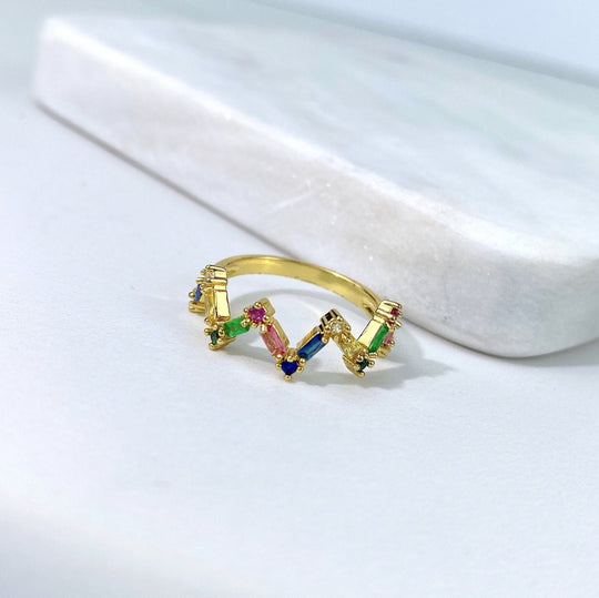 18k Gold Filled Rainbow Cubic Zirconia Zig Zag Wave Ring
