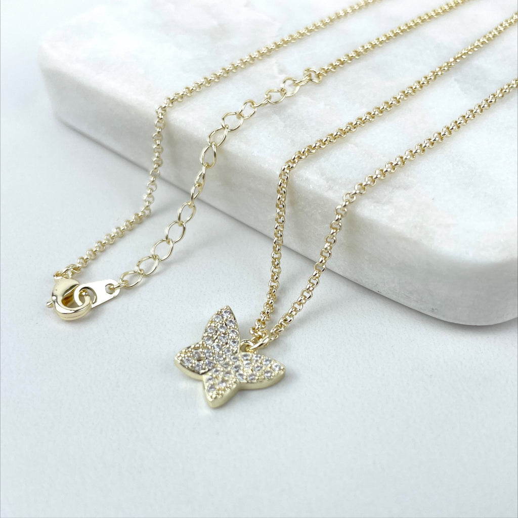 18k Gold Filled Necklace CZ Butterfly Design Charms & Stud Earrings Set