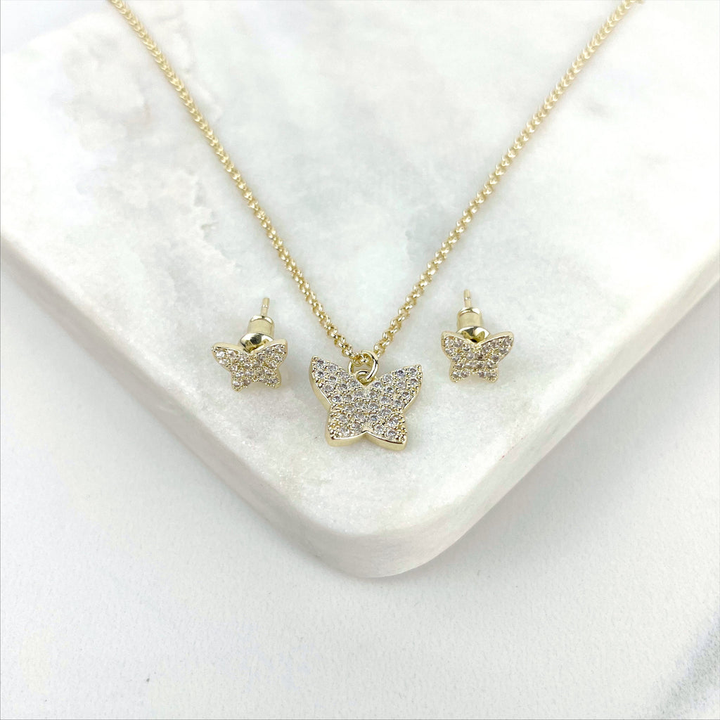 18k Gold Filled Necklace CZ Butterfly Design Charms & Stud Earrings Set