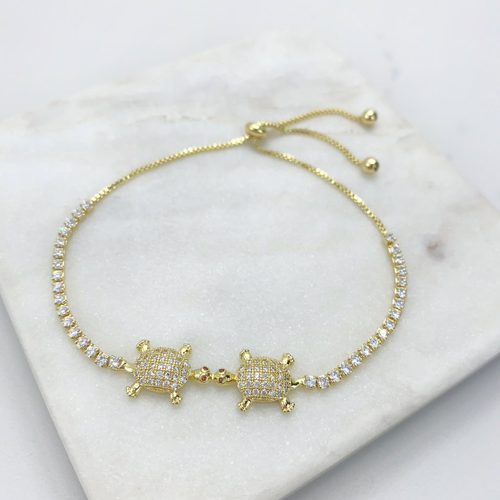 18k Gold Filled Rose Gold or Silver Turtles Adjustable Bracelet