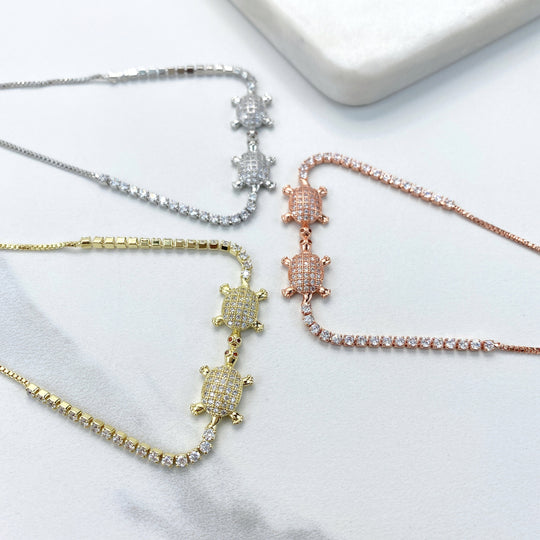 18k Gold Filled Rose Gold or Silver Turtles Adjustable Bracelet