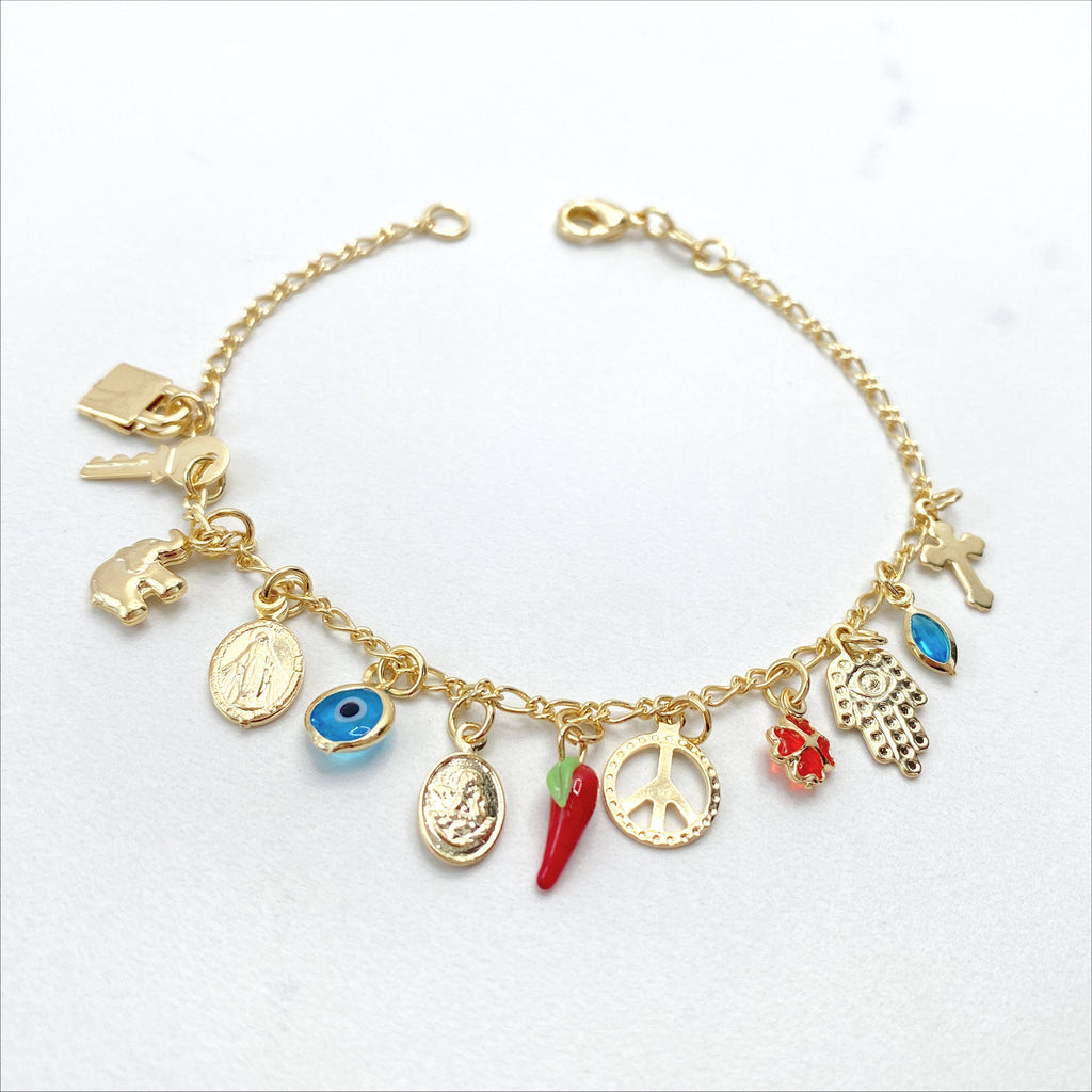 18k Gold Filled Figaro Chain with Charms Bracelet