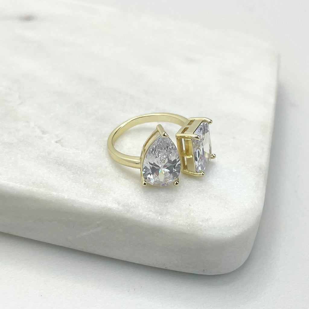 18k Gold Filled White Cubic Zirconia Adjustable Square & Drop Ring