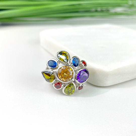 Silver Filled Colored CZ Flower Design Statement Ring