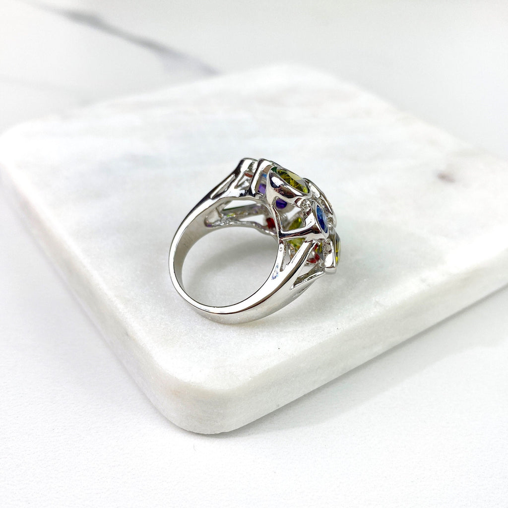 Silver Filled Colored CZ Flower Design Statement Ring