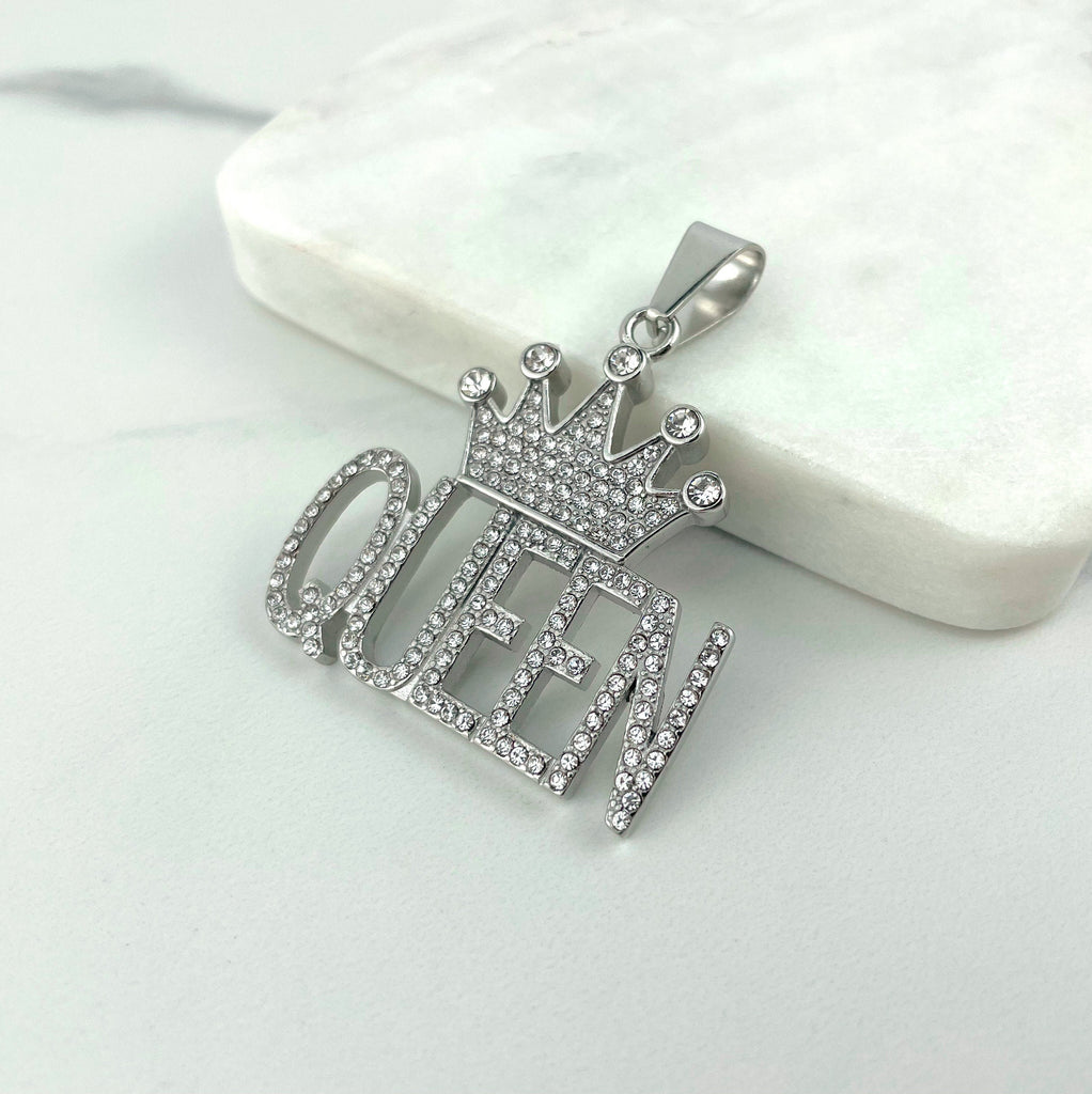 Gold Plated On Stainless Steel Cubic Zirconia Queen Crown Pendant