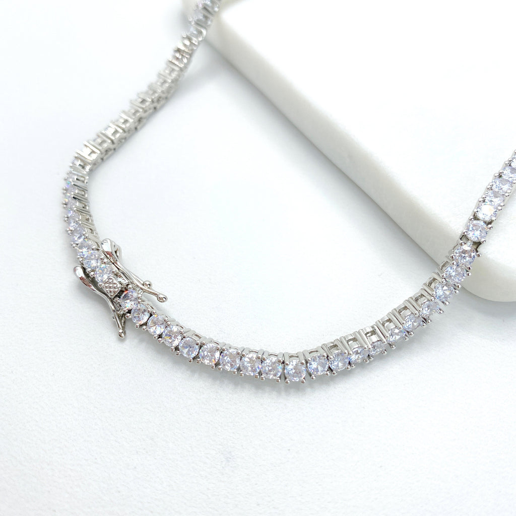 Silver Filled Cubic Zirconia Linked Chain Anklet