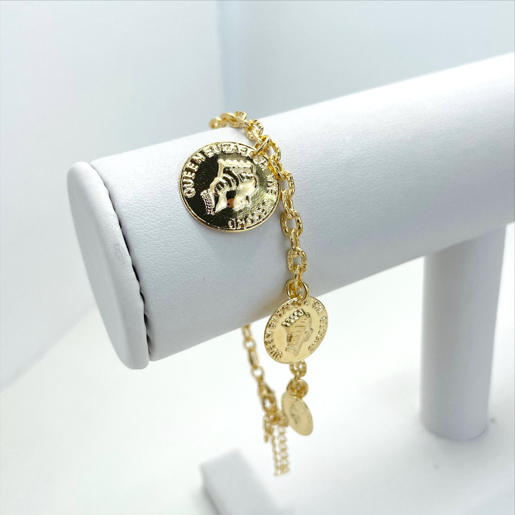 18k Gold Filled Oval Link Queen Elizabeth Coins Charms Bracelet