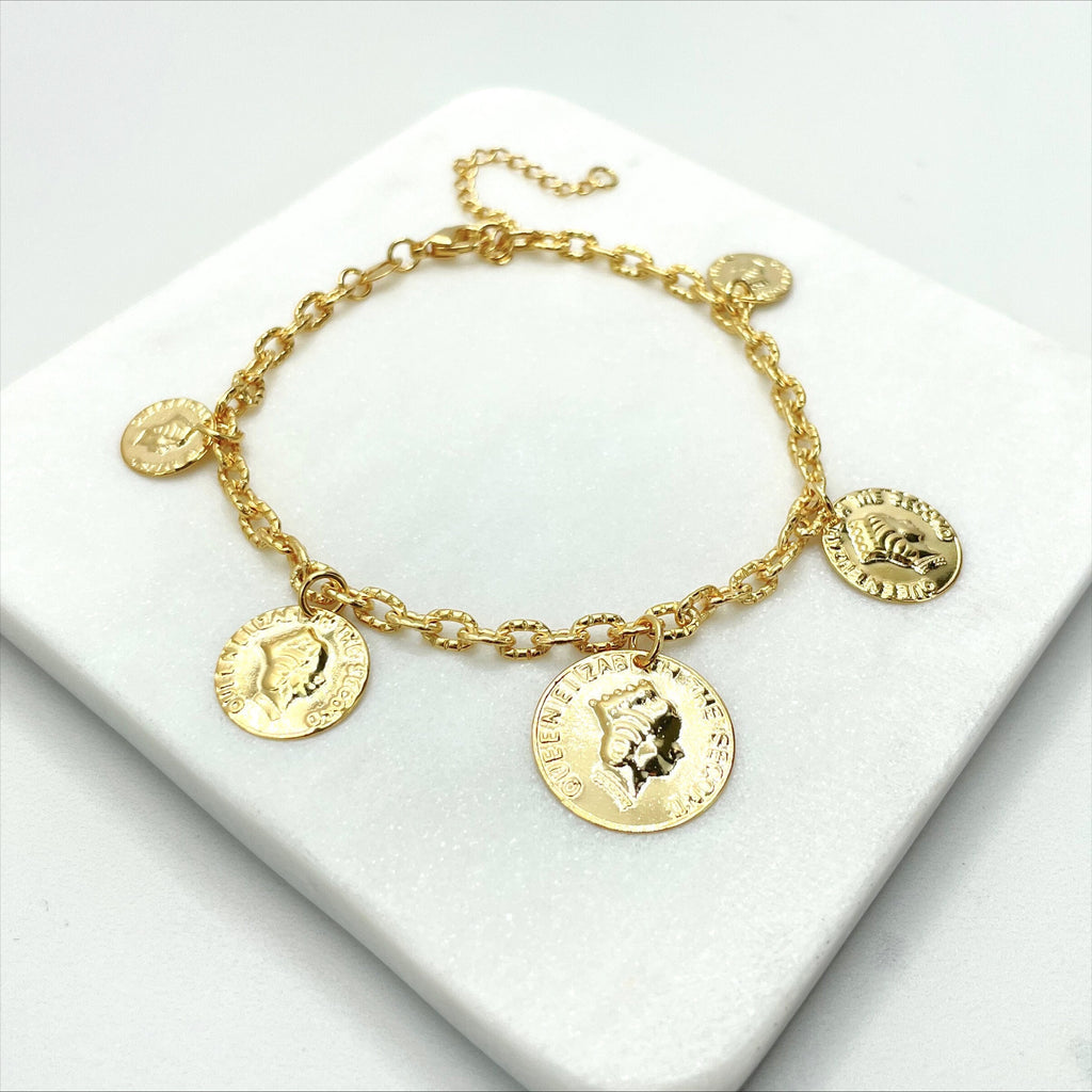 18k Gold Filled Oval Link Queen Elizabeth Coins Charms Bracelet