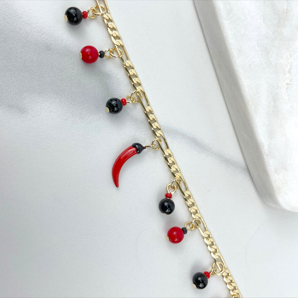 18k Gold Filled Figaro Black & Red Beads Red Chili Charm Bracelet